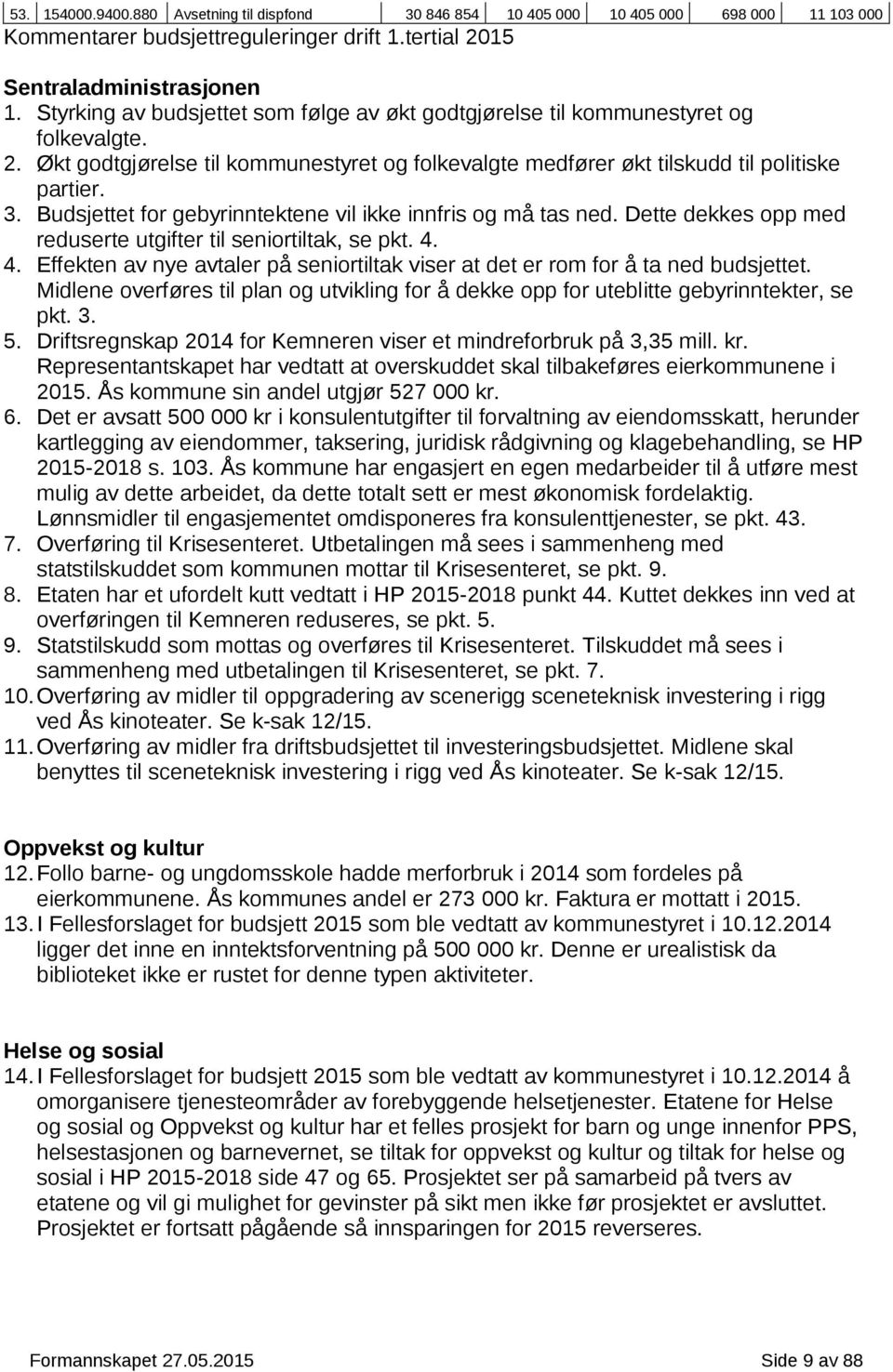 Budsjettet for gebyrinntektene vil ikke innfris og må tas ned. Dette dekkes opp med reduserte utgifter til seniortiltak, se pkt. 4.