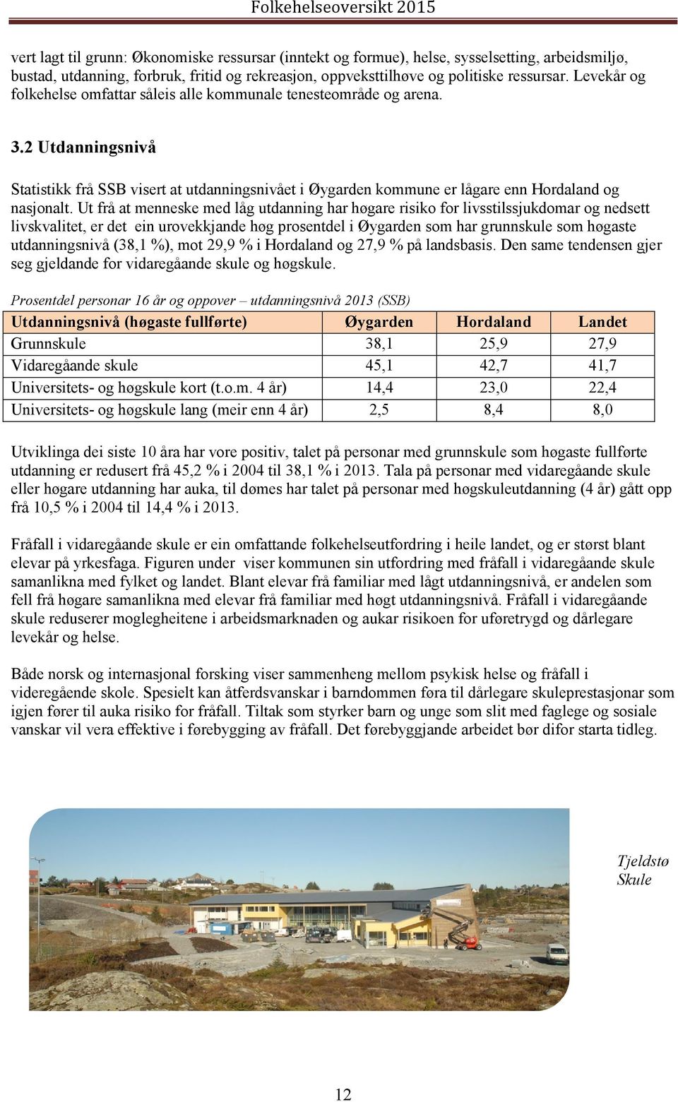 Ut frå at menneske med låg utdanning har høgare risiko for livsstilssjukdomar og nedsett livskvalitet, er det ein urovekkjande høg prosentdel i Øygarden som har grunnskule som høgaste utdanningsnivå