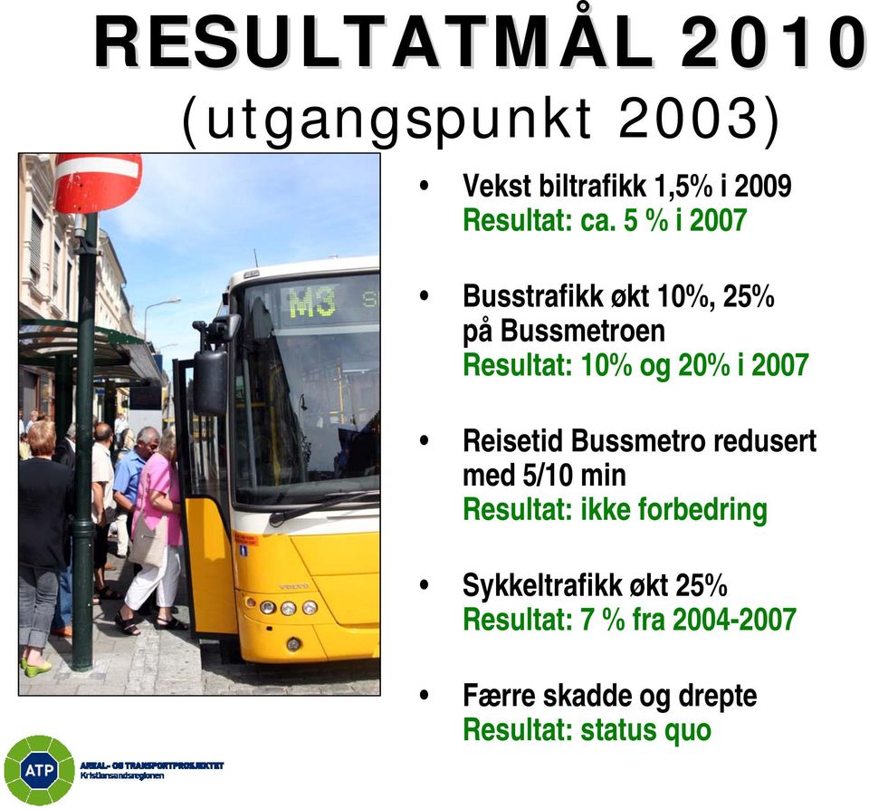 Reisetid Bussmetro redusert med 5/10 min Resultat: ikke forbedring Sykkeltrafikk