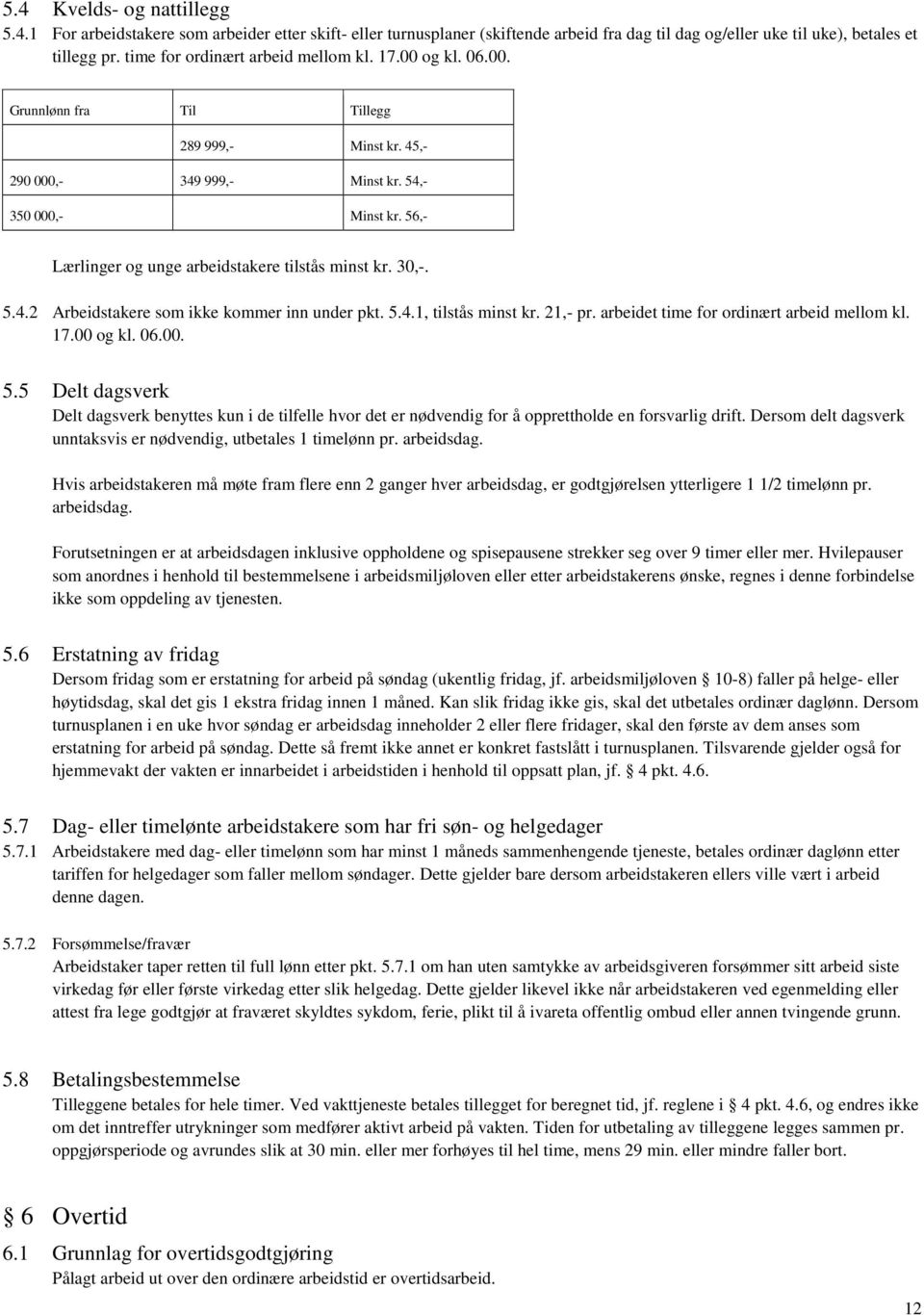 56,- Lærlinger og unge arbeidstakere tilstås minst kr. 30,-. 5.4.2 Arbeidstakere som ikke kommer inn under pkt. 5.4.1, tilstås minst kr. 21,- pr. arbeidet time for ordinært arbeid mellom kl. 17.