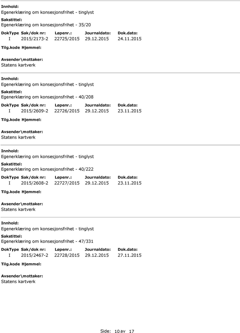 2015 nnhold: Egenerklæring om konsesjonsfrihet - 40/222 2015/2608-2 22727/2015 23.11.