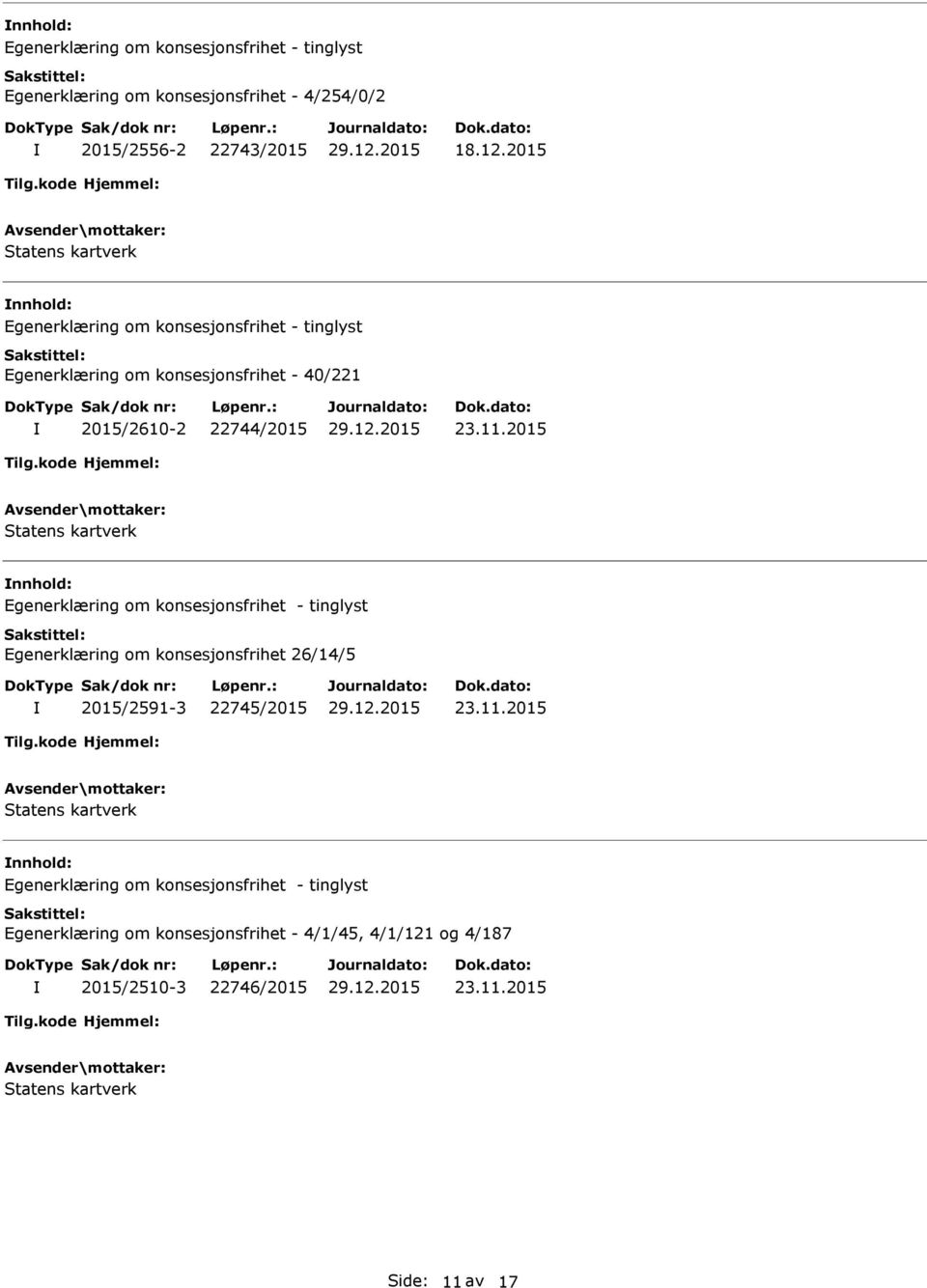 2015 nnhold: Egenerklæring om konsesjonsfrihet 26/14/5 2015/2591-3 22745/2015 23.11.