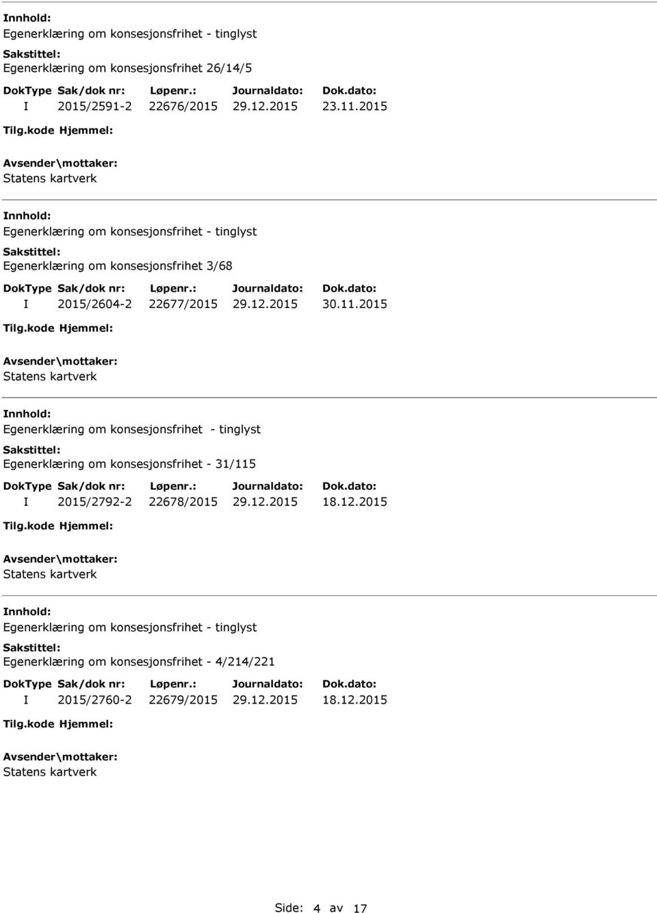 2015 nnhold: Egenerklæring om konsesjonsfrihet - 31/115 2015/2792-2 22678/2015 18.12.