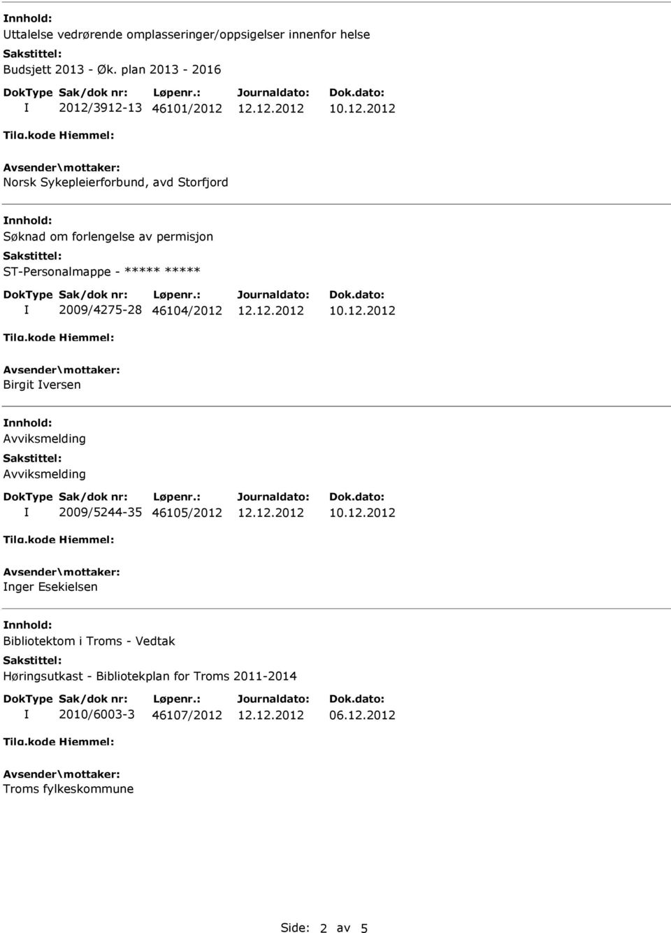 ST-Personalmappe - ***** ***** 2009/4275-28 46104/2012 Birgit versen Avviksmelding Avviksmelding 2009/5244-35