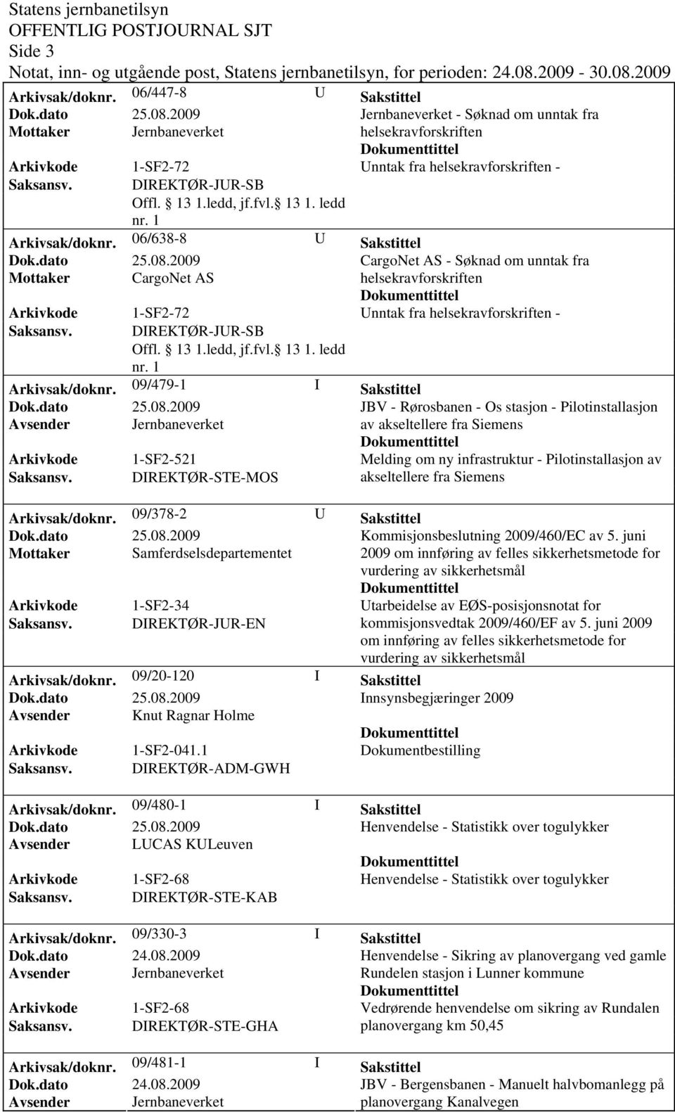 DIREKTØR-STE-MOS akseltellere fra Siemens Arkivsak/doknr. 09/378-2 U Sakstittel Kommisjonsbeslutning 2009/460/EC av 5.