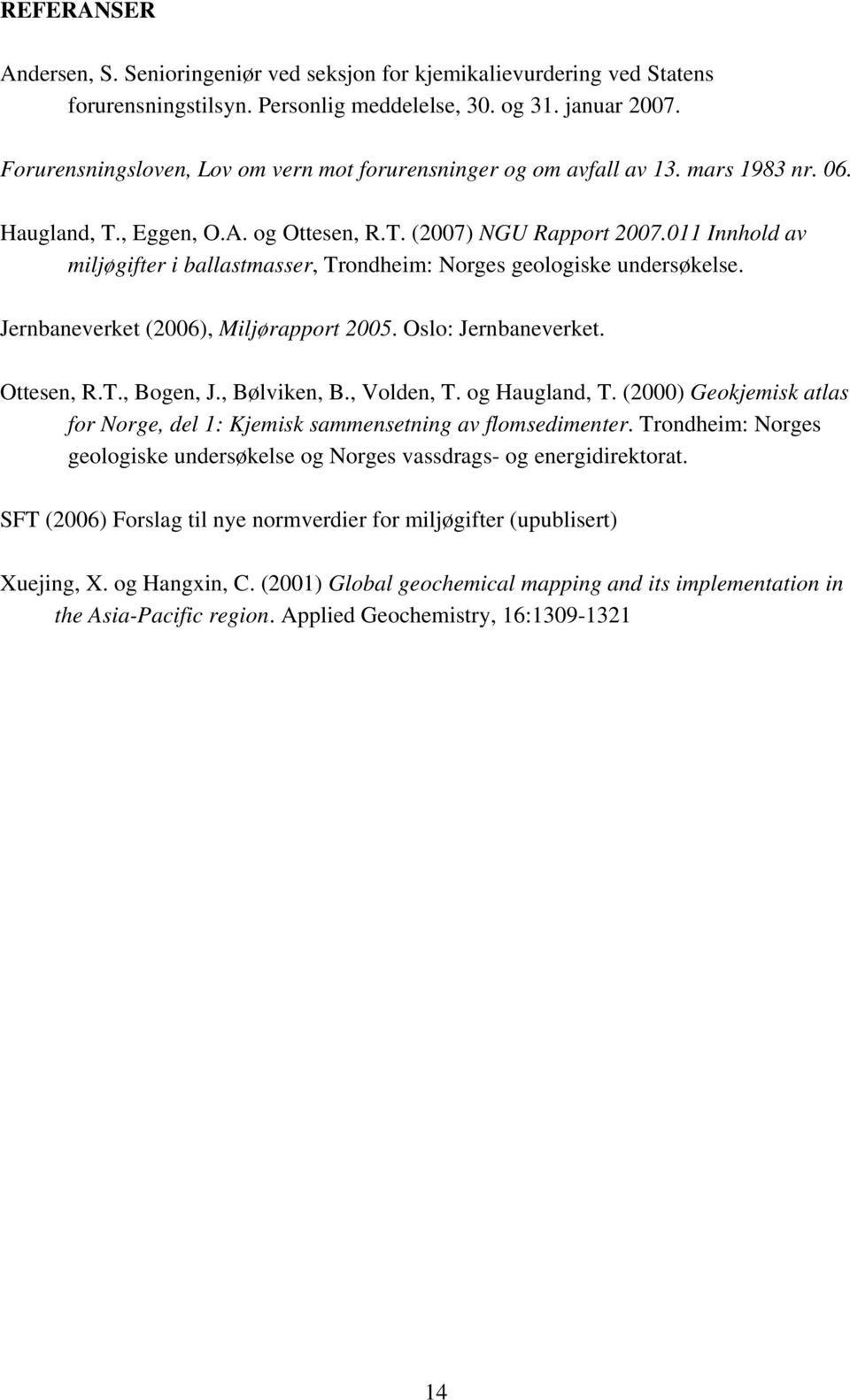 011 Innhold av miljøgifter i ballastmasser, Trondheim: Norges geologiske undersøkelse. Jernbaneverket (2006), Miljørapport 2005. Oslo: Jernbaneverket. Ottesen, R.T., Bogen, J., Bølviken, B.