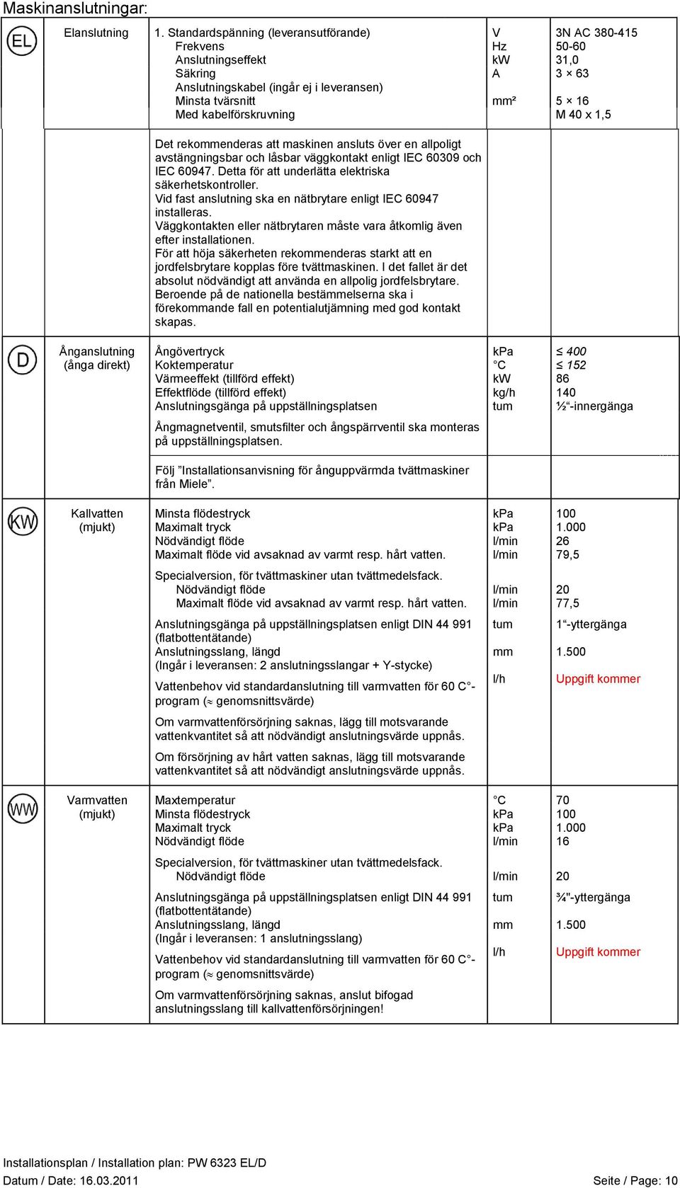 kabelförskruvning M 40 x 1,5 Det rekommenderas att maskinen ansluts över en allpoligt avstängningsbar och låsbar väggkontakt enligt IEC 60309 och IEC 60947.