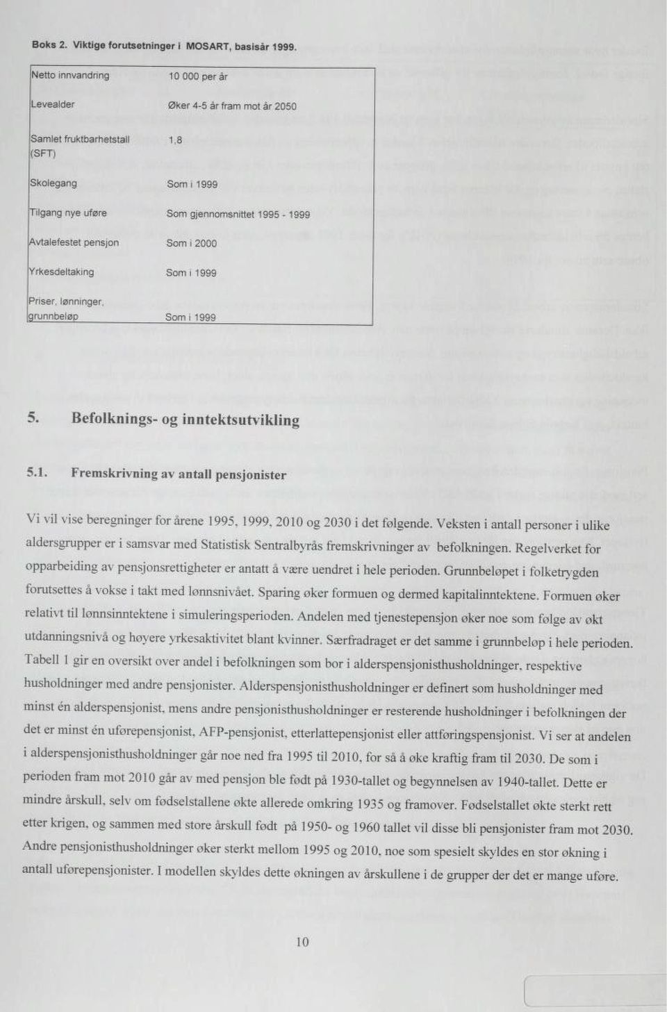 2000 Yrkesdeltaking Som i 1999 Priser, lønninger, grunnbeløp Som i 1999 5. Befolknings- og inntektsutvikling 5.1. Fremskrivning av an ta II pensjonister Vi vil vise beregninger for årene 1995, 1999.