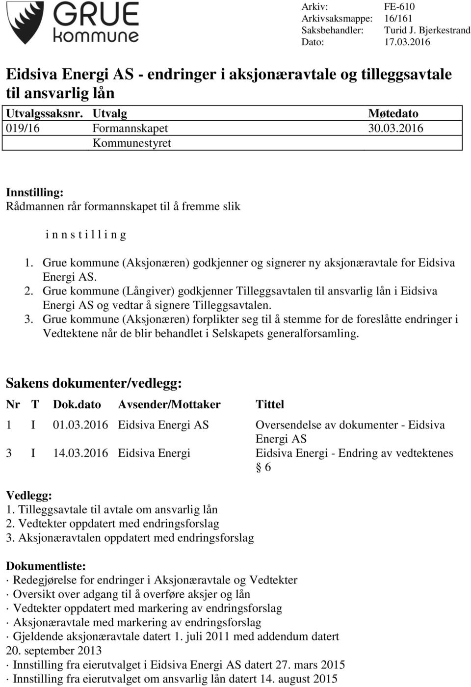 Grue kommune (Aksjonæren) godkjenner og signerer ny aksjonæravtale for Eidsiva Energi AS. 2.