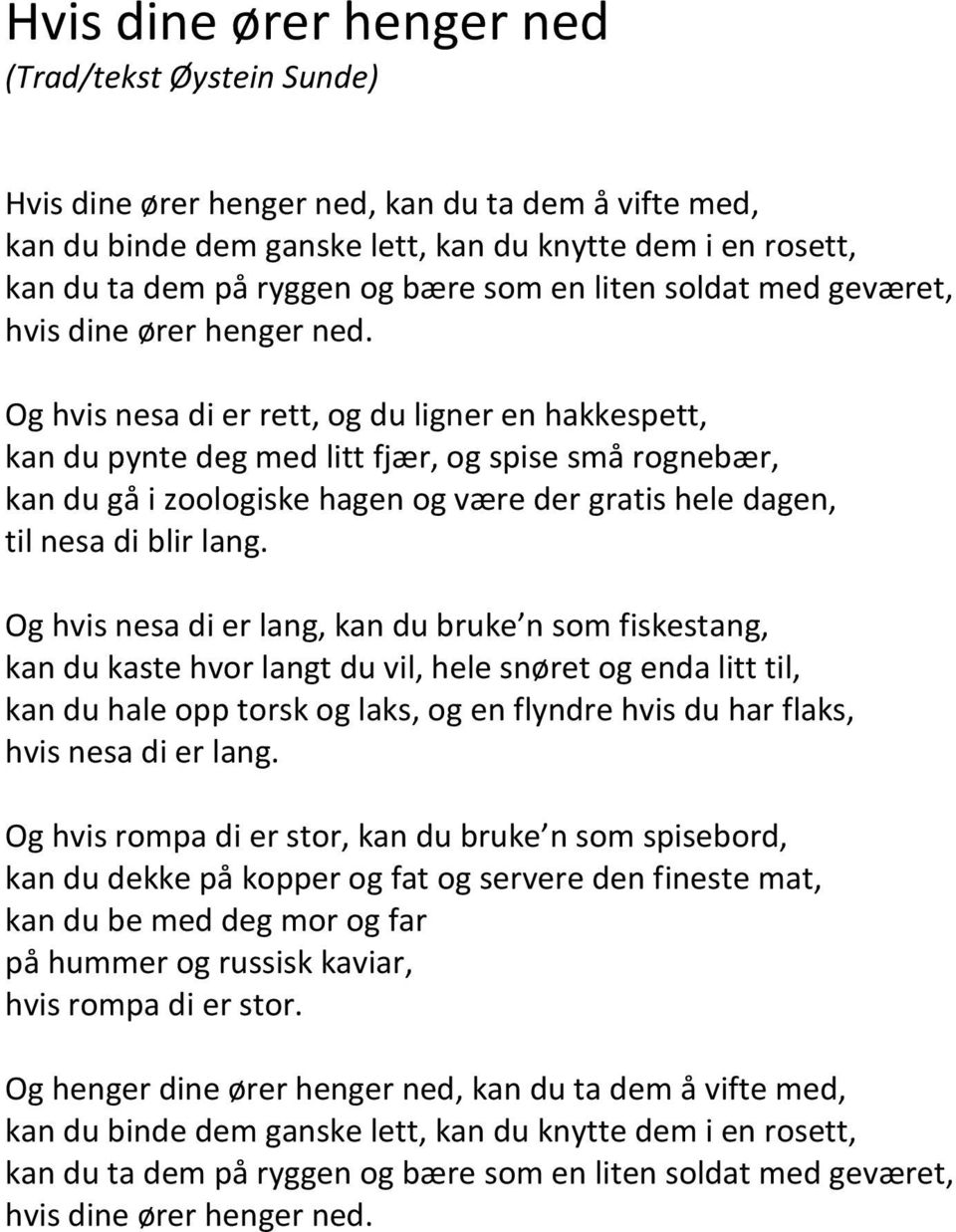 Og hvis nesa di er rett, og du ligner en hakkespett, kan du pynte deg med litt fjær, og spise små rognebær, kan du gå i zoologiske hagen og være der gratis hele dagen, til nesa di blir lang.