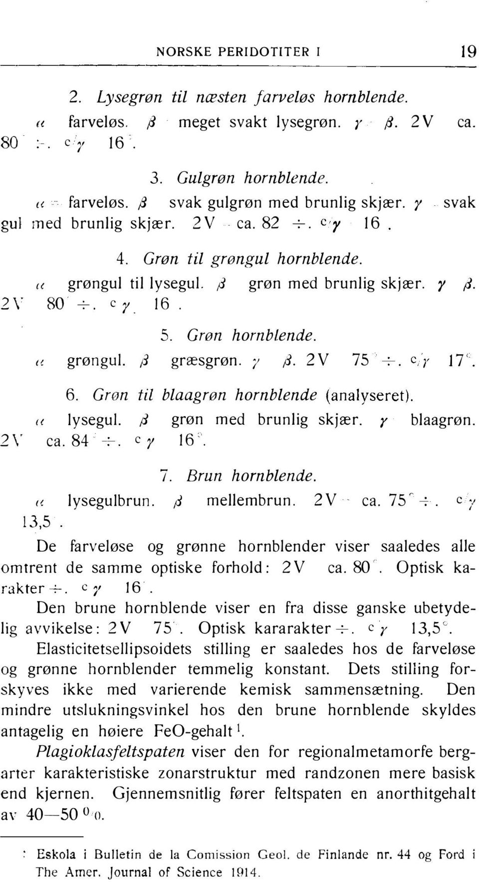 Grøn hornblende. li grøngul. ;3 græsgrøn. 1 ;3. 2V 75 C;y J7'. 2 \ ' 6. Grøn 11 lysegul. ca. 84- -- til blaagrøn hornblende (analysere!). ;3 grøn med brunlig skjær. r blaagrøn. c r 16. 7. Brun hornblende.