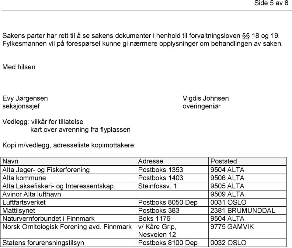 Alta Jeger- og Fiskerforening Postboks 1353 9504 ALTA Alta kommune Postboks 1403 9506 ALTA Alta Laksefiskeri- og Interessentskap. Steinfossv.