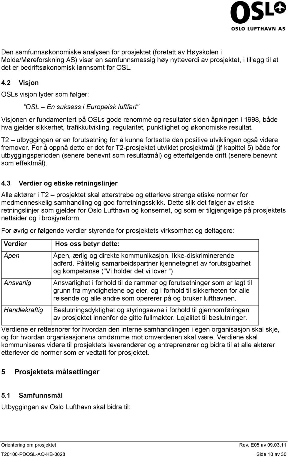 2 Visjon OSLs visjon lyder som følger: OSL En suksess i Europeisk luftfart Visjonen er fundamentert på OSLs gode renommé og resultater siden åpningen i 1998, både hva gjelder sikkerhet,