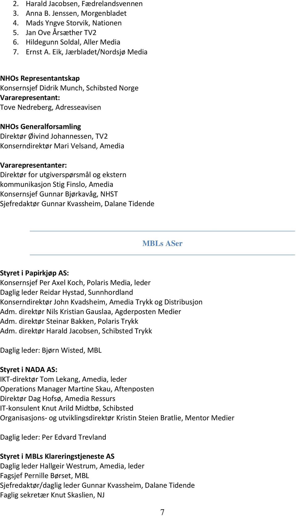 Velsand, Amedia Vararepresentanter: Direktør for utgiverspørsmål og ekstern kommunikasjon Stig Finslo, Amedia Konsernsjef Gunnar Bjørkavåg, NHST Sjefredaktør Gunnar Kvassheim, Dalane Tidende MBLs