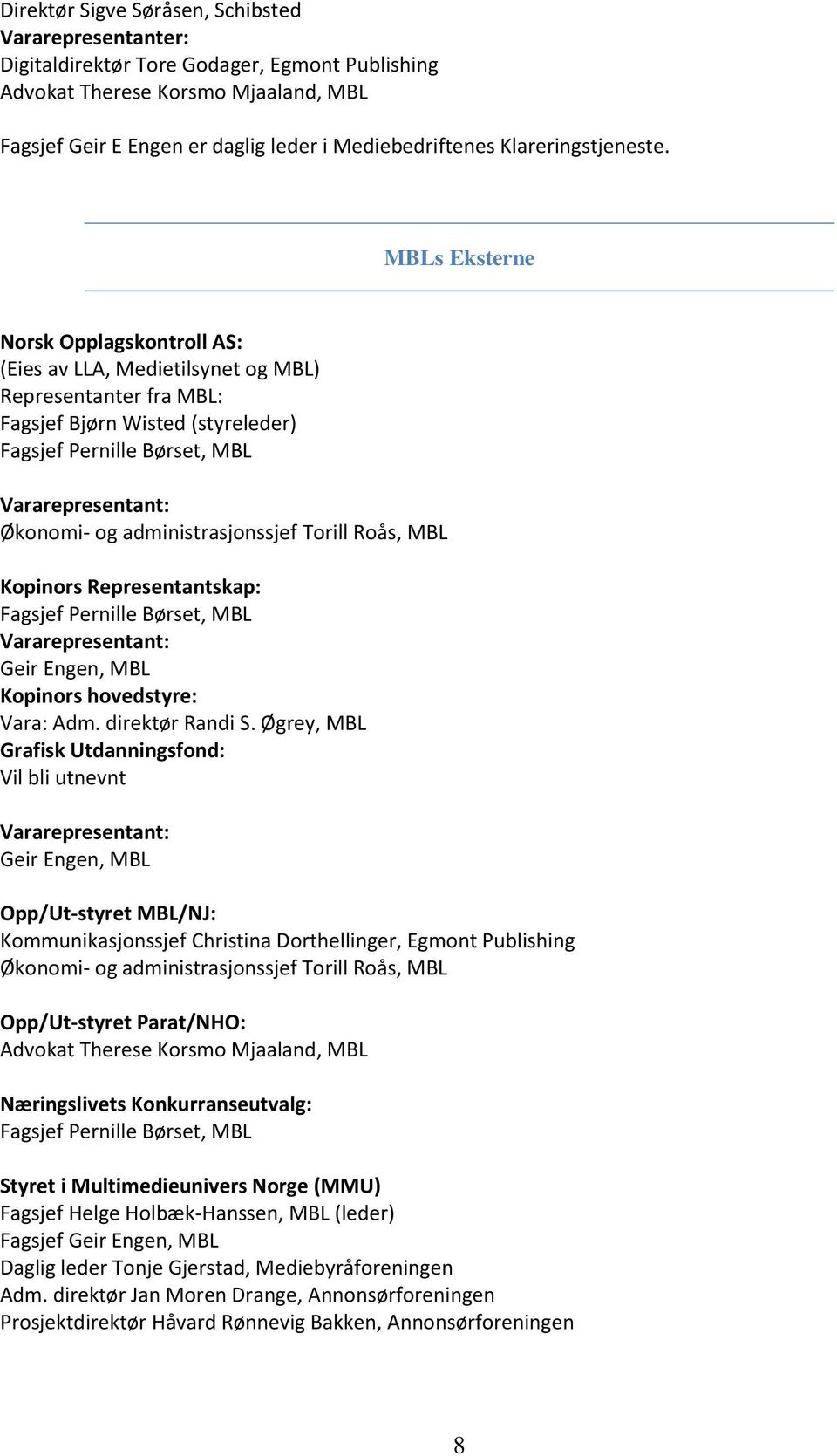 MBLs Eksterne Norsk Opplagskontroll AS: (Eies av LLA, Medietilsynet og MBL) Representanter fra MBL: Fagsjef Bjørn Wisted (styreleder) Fagsjef Pernille Børset, MBL Økonomi- og administrasjonssjef