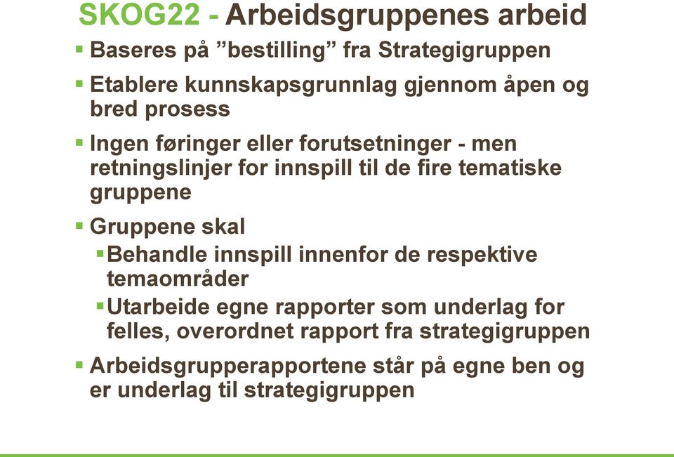 gruppene Gruppene skal Behandle innspill innenfor de respektive temaområder Utarbeide egne rapporter som underlag