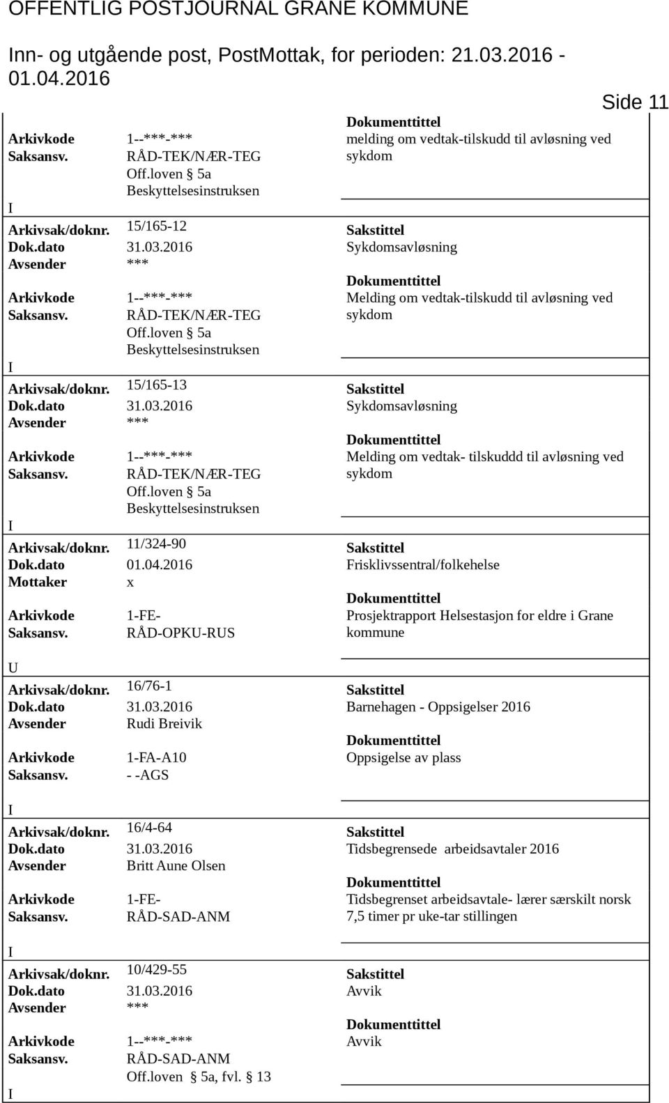 loven 5a Beskyttelsesinstruksen sykdom Arkivsak/doknr. 15/165-13 Sakstittel Dok.dato 31.03. Sykdomsavløsning Avsender *** Arkivkode 1--***-*** Melding om vedtak- tilskuddd til avløsning ved Off.