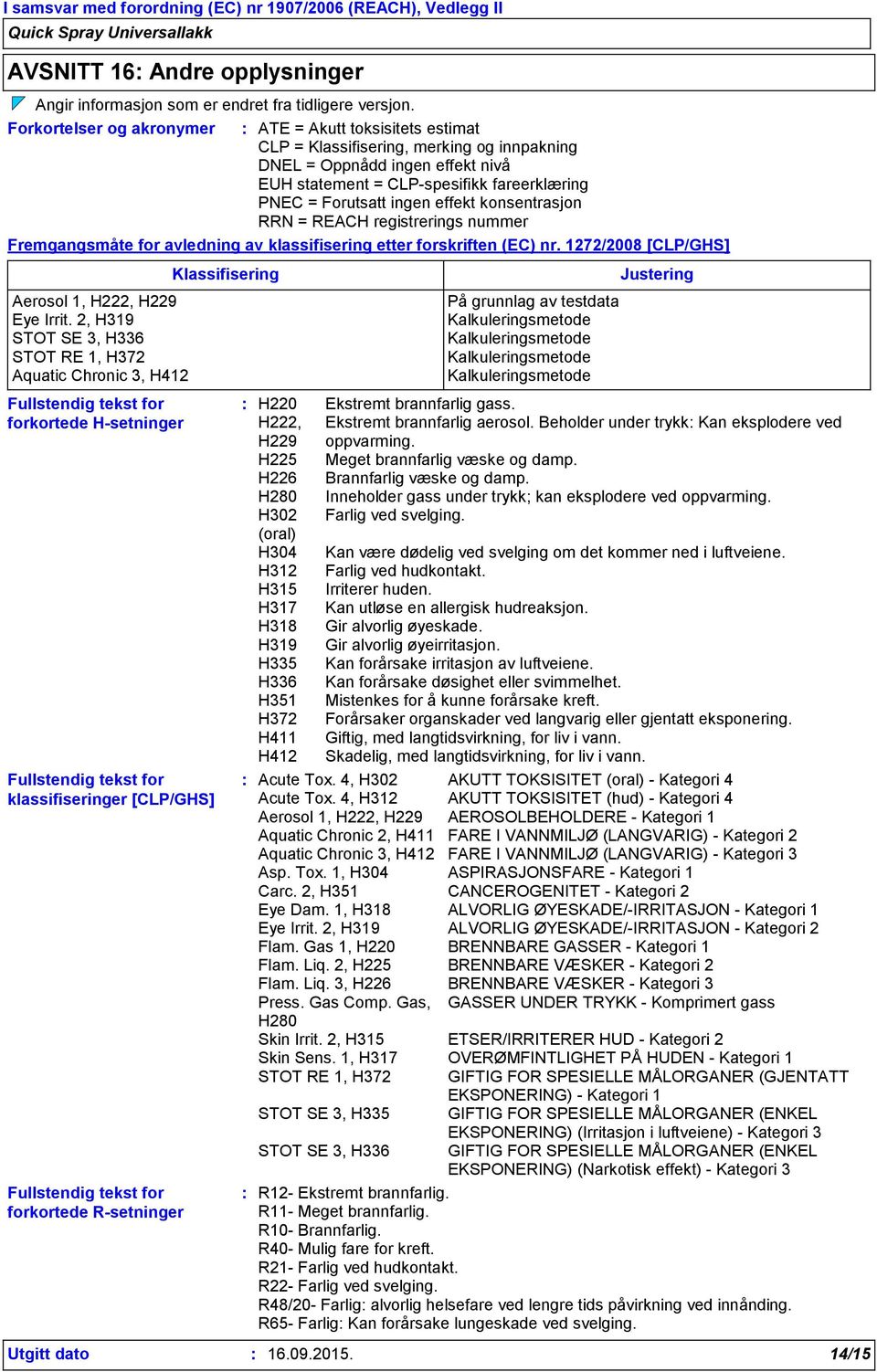 ingen effekt konsentrasjon RRN = REACH registrerings nummer Fremgangsmåte for avledning av klassifisering etter forskriften (EC) nr. 1272/2008 [CLP/GHS] Aerosol 1, H222, H229 Eye Irrit.