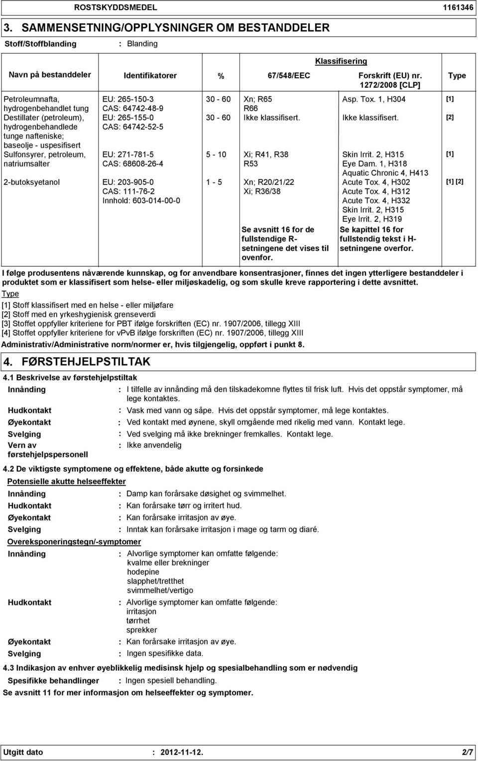 EU 20-905-0 CAS 111-76-2 Innhold 60-014-00-0 0-60 Xn; R65 Asp. Tox. 1, H04 [1] R66 0-60 Ikke klassifisert.