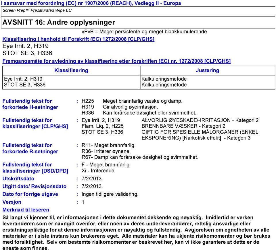 2, H319 STOT SE 3, H336 Klassifisering Kalkuleringsmetode Kalkuleringsmetode Justering Fullstendig tekst for forkortede Hsetninger Fullstendig tekst for klassifiseringer [CLP/GHS] Fullstendig tekst
