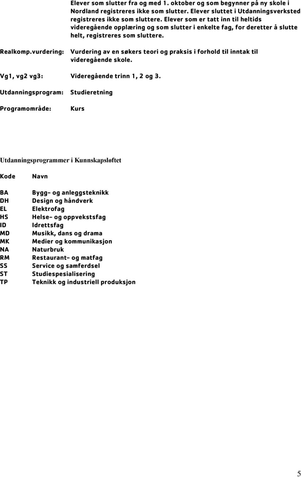 vurdering: Vurdering av en søkers teori og praksis i forhold til inntak til videregående skole. Vg1, vg2 vg3: Videregående trinn 1, 2 og 3.