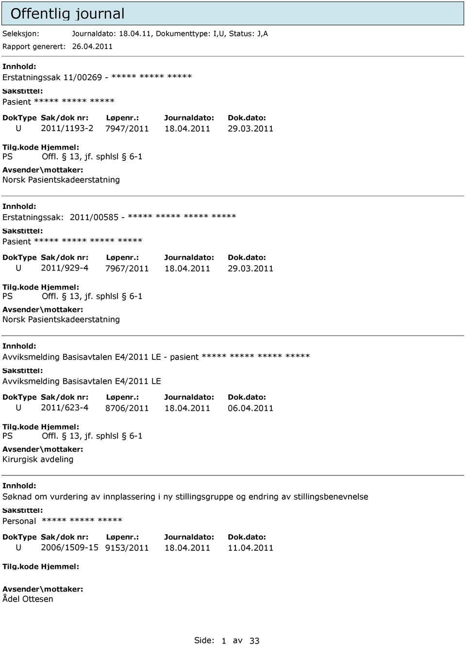 2011 Erstatningssak: 2011/00585 - ***** ***** ***** ***** Pasient ***** ***** ***** ***** 2011/929-4 7967/2011 Norsk Pasientskadeerstatning 29.03.