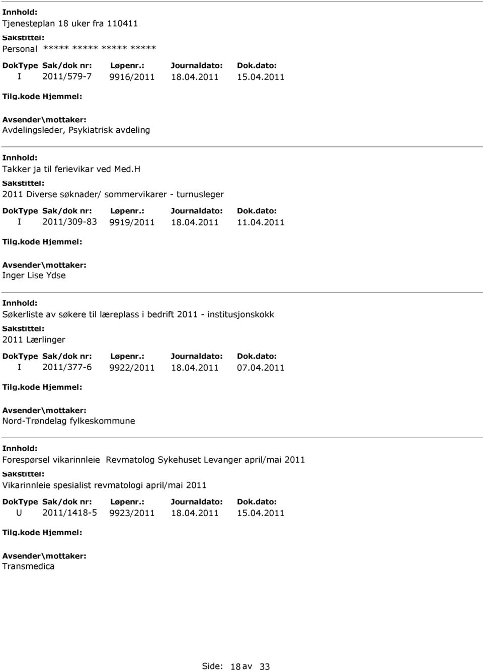 2011 nger Lise Ydse Søkerliste av søkere til læreplass i bedrift 2011 - institusjonskokk 2011 Lærlinger 2011/377-6 9922/2011 07.04.