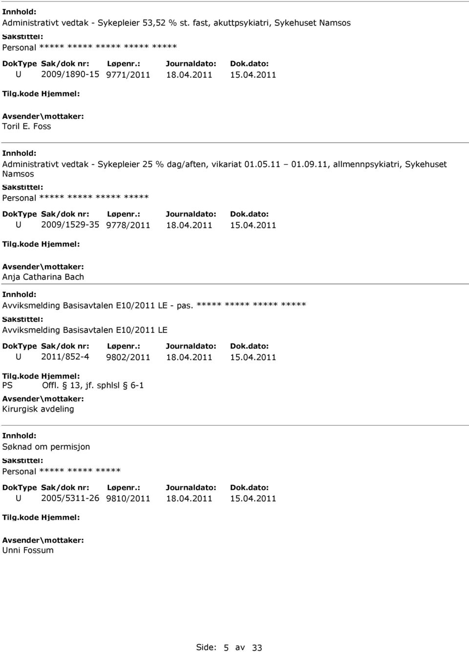 11, allmennpsykiatri, Sykehuset Namsos ***** 2009/1529-35 9778/2011 Anja Catharina Bach Avviksmelding Basisavtalen E10/2011 LE -