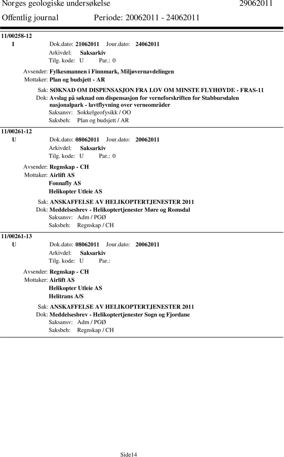 dispensasjon for verneforskriften for Stabbursdalen nasjonalpark - lavtflyvning over verneområder Saksansv: Sokkelgeofysikk / OO Saksbeh: Plan og budsjett / AR 11/00261-12 U Dok.dato: 08062011 Jour.