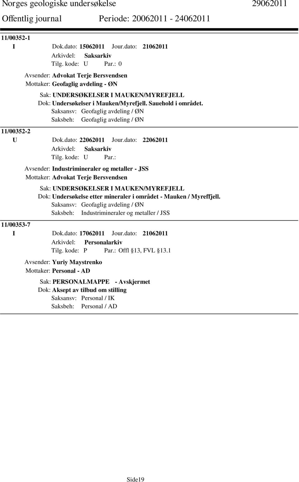 dato: 22062011 Avsender: Industrimineraler og metaller - JSS Mottaker: Advokat Terje Bersvendsen Sak: UNDERSØKELSER I MAUKEN/MYREFJELL Dok: Undersøkelse etter mineraler i området - Mauken /