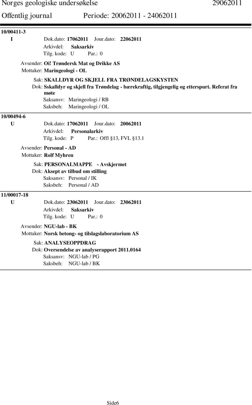 Referat fra møte Saksansv: Maringeologi / RB Saksbeh: Maringeologi / OL 10/00494-6 U Dok.dato: 17062011 Jour.dato: 20062011 Arkivdel: Personalarkiv Tilg. kode: P Par.: Offl 13, FVL 13.