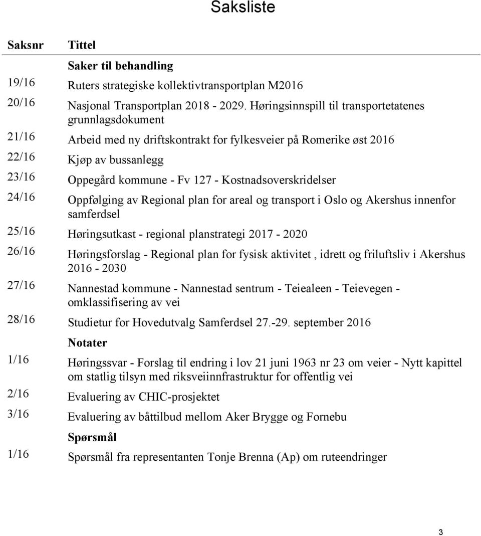 Kostnadsoverskridelser 24/16 Oppfølging av Regional plan for areal og transport i Oslo og Akershus innenfor samferdsel 25/16 Høringsutkast - regional planstrategi 2017-2020 26/16 Høringsforslag -