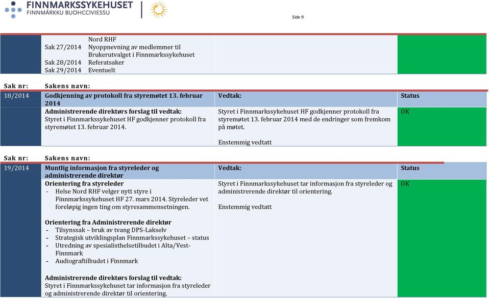 Sak nr: 19/2014 Muntlig informasjon fra styreleder og administrerende direktør Orientering fra styreleder - Helse Nord RHF velger nytt styre i Finnmarkssykehuset HF 27. mars 2014.