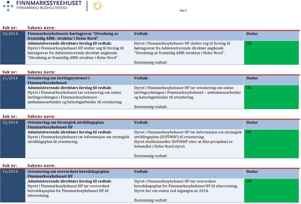 Sak nr: 11/2014 Orientering om lærlingsystemet i Finnmarkssykehuset Styret i Finnmarkssykehuset tar orientering om status lærlingordningen i Finnmarkssykehuset ambulansearbeider og helsefagarbeider