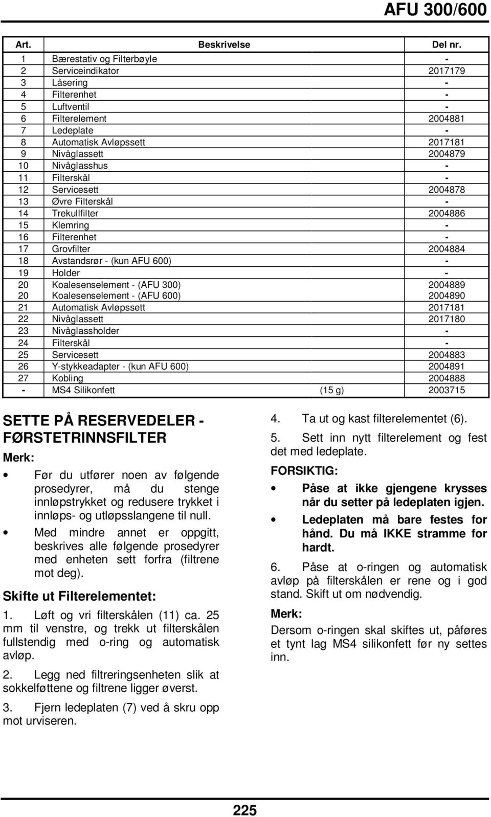 11 Filterskål 12 Servicesett 2004878 13 Øvre Filterskål 14 Trekullfilter 2004886 15 Klemring 16 Filterenhet 17 Grovfilter 2004884 18 Avstandsrør (kun AFU 600) 19 Holder 20 Koalesenselement (AFU 300)