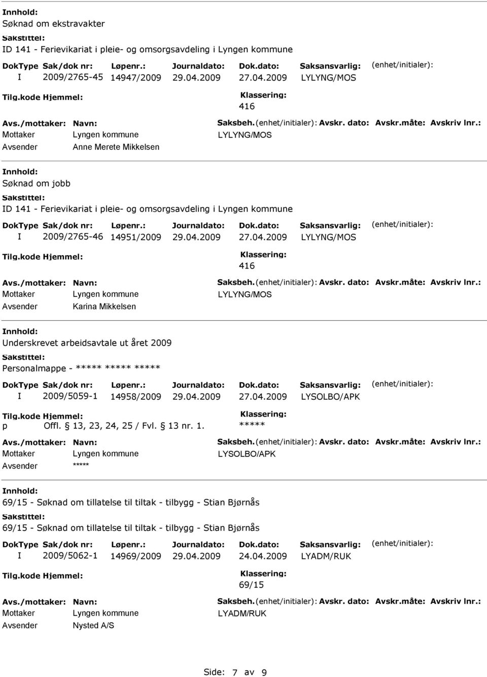 2009 Personalmae - 2009/5059-1 14958/2009 LYSOLBO/APK Mottaker LYSOLBO/APK 69/15 - Søknad om tillatelse til tiltak - tilbygg - Stian Bjørnås