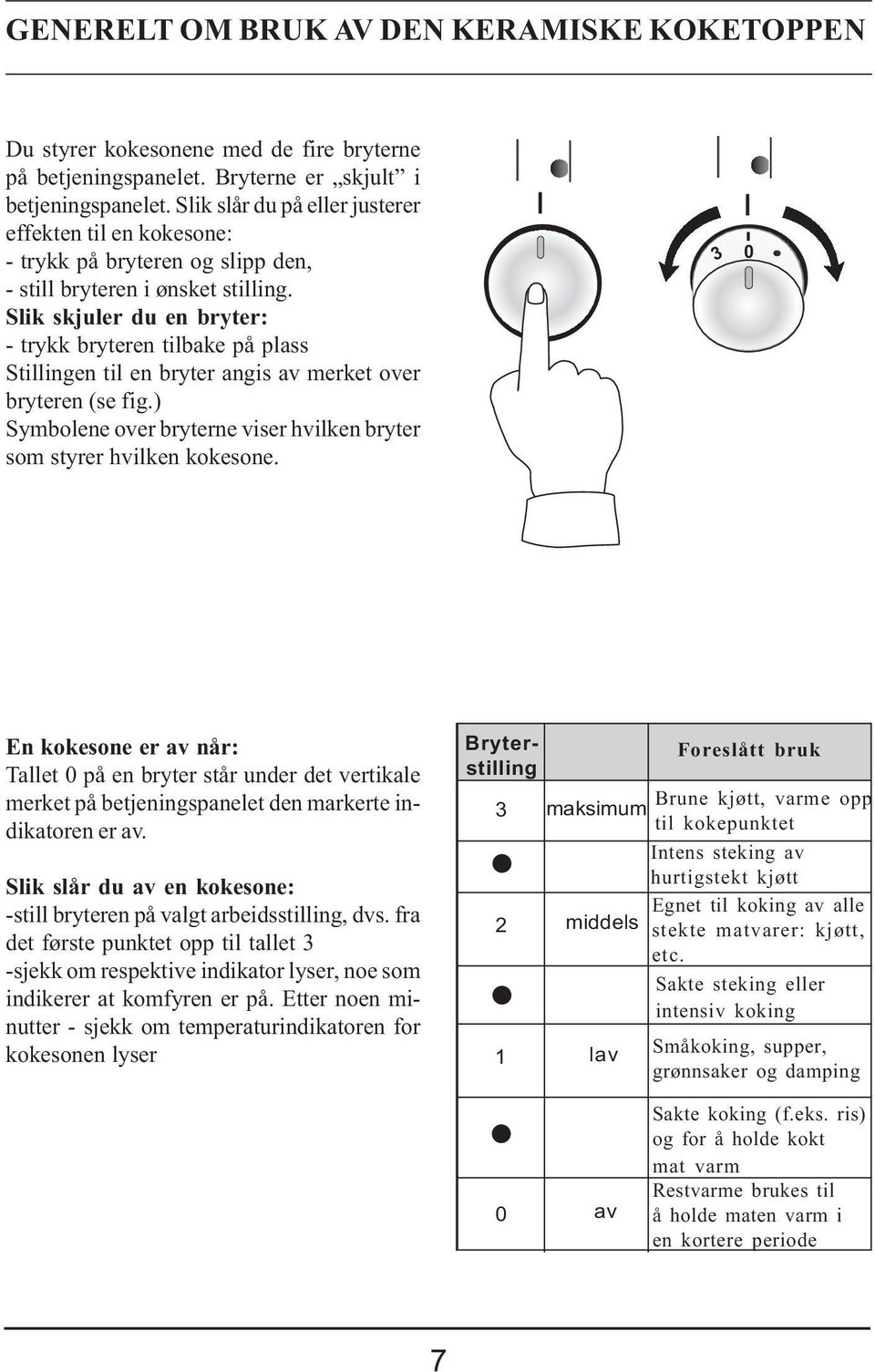 Slik skjuler du en bryter: - trykk bryteren tilbake på plass Stillingen til en bryter angis av merket over bryteren (se fig.) Symbolene over bryterne viser hvilken bryter som styrer hvilken kokesone.