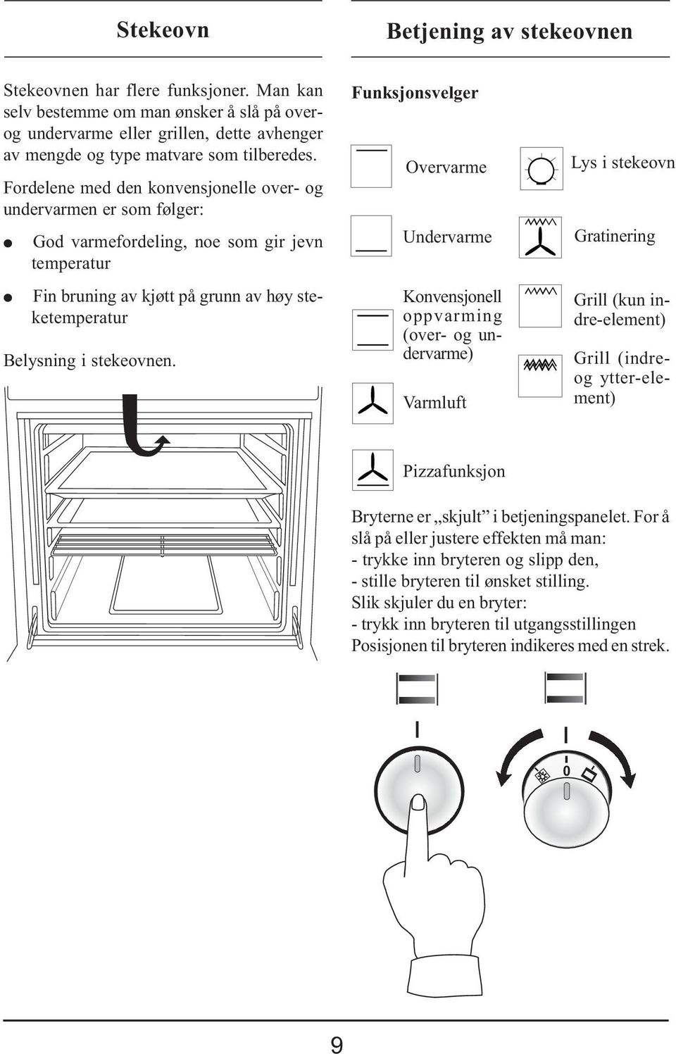 Funksjonsvelger vervarme Undervarme Konvensjonell oppvarming (over- og undervarme) Varmluft Lys i stekeovn Gratinering Grill (kun indre-element) Grill (indreog ytter-element) Pizzafunksjon Bryterne