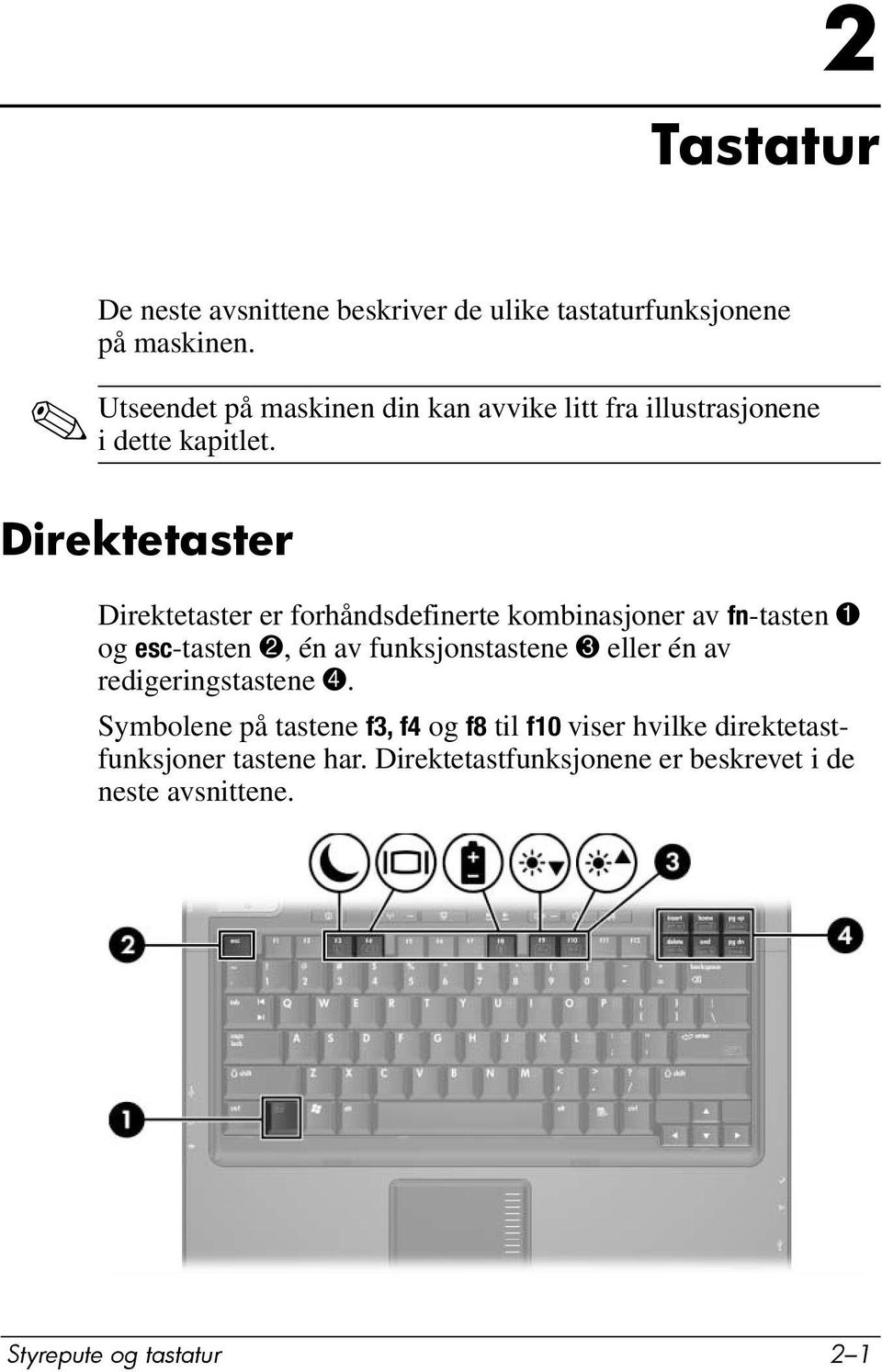 Direktetaster Direktetaster er forhåndsdefinerte kombinasjoner av fn-tasten 1 og esc-tasten 2, én av funksjonstastene 3