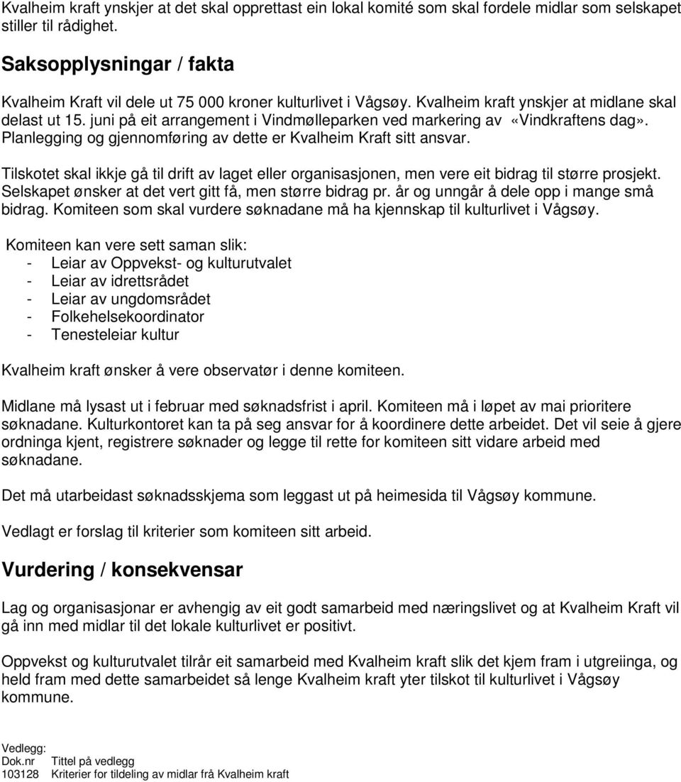 juni på eit arrangement i Vindmølleparken ved markering av «Vindkraftens dag». Planlegging og gjennomføring av dette er Kvalheim Kraft sitt ansvar.