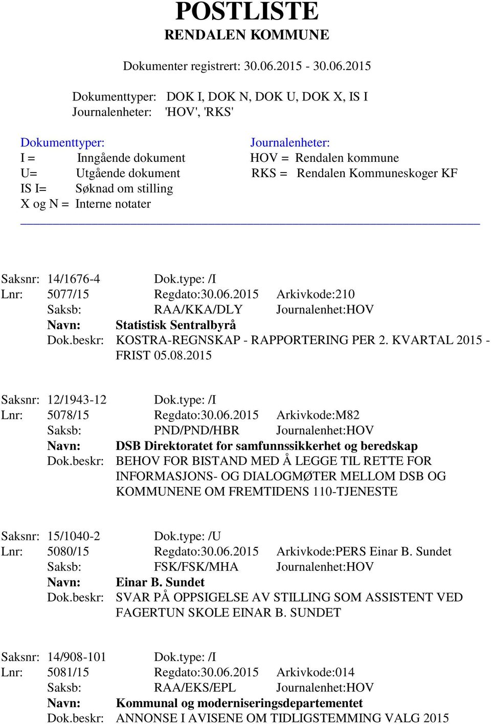 2015 Arkivkode:M82 Saksb: PND/PND/HBR Journalenhet:HOV Navn: DSB Direktoratet for samfunnssikkerhet og beredskap Dok.