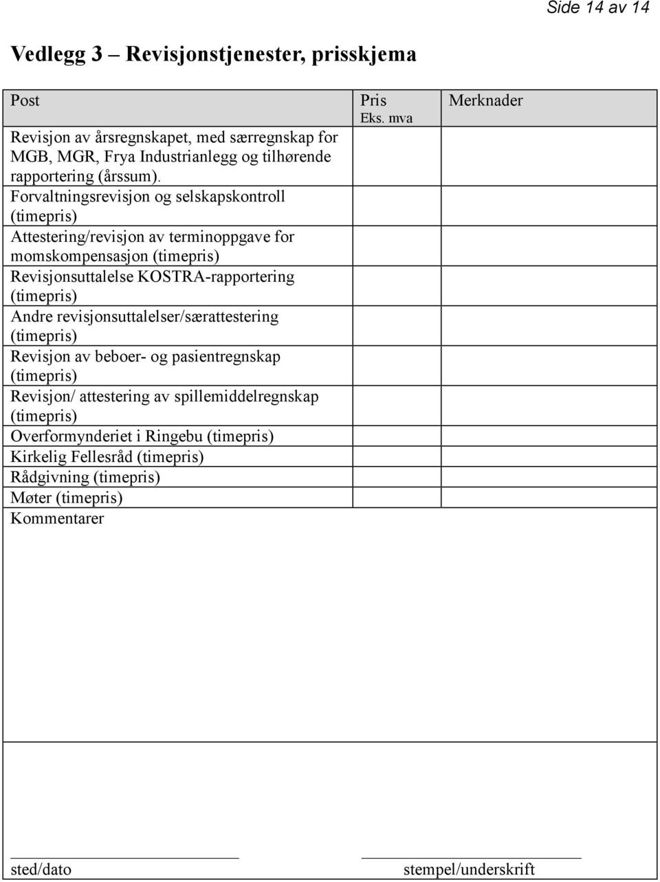 Forvaltningsrevisjon og selskapskontroll (timepris) Attestering/revisjon av terminoppgave for momskompensasjon (timepris) Revisjonsuttalelse KOSTRA-rapportering