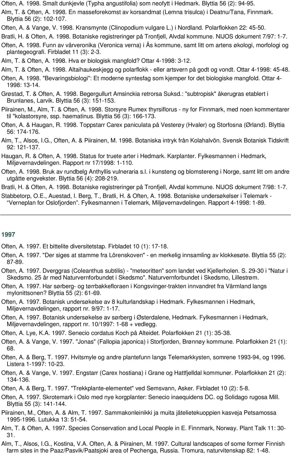 NIJOS dokument 7/97: 1-7. Often, A. 1998. Funn av vårveronika (Veronica verna) i Ås kommune, samt litt om artens økologi, morfologi og plantegeografi. Firbladet 11 (3): 2-3. Alm, T. & Often, A. 1998. Hva er biologisk mangfold?