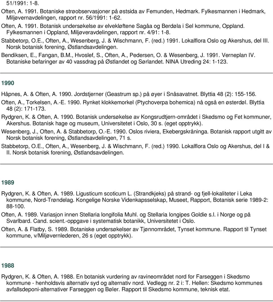 Norsk botanisk forening, Østlandsavdelingen. Bendiksen, E., Fangan, B.M., Hvoslef, S., Often, A., Pedersen, O. & Wesenberg, J. 1991. Verneplan IV.