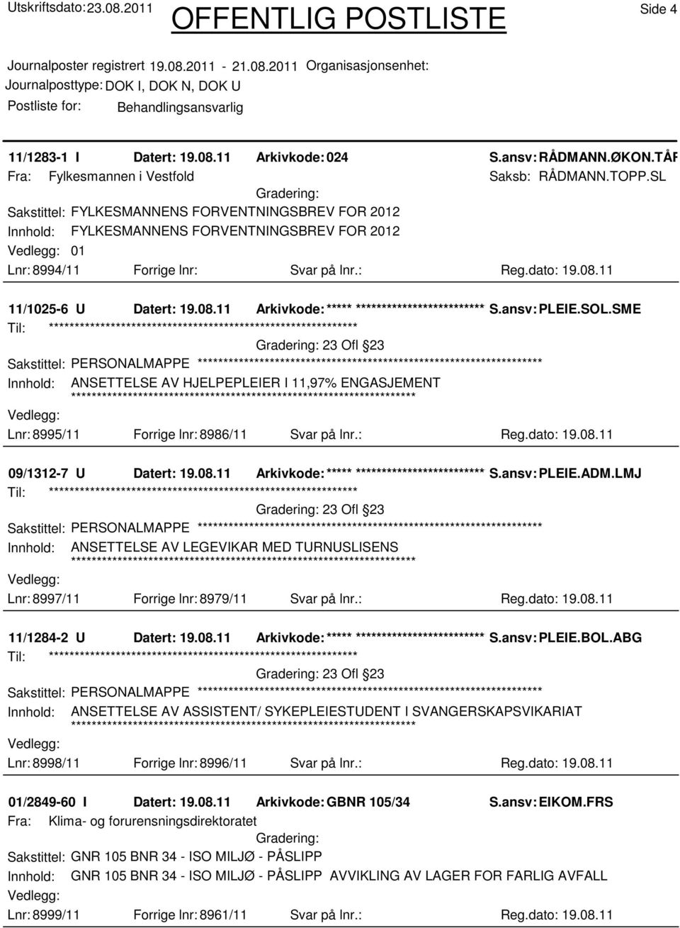 11 11/1025-6 U Datert: 19.08.11 Arkivkode:***** ****************************** S.ansv: PLEIE.SOL.