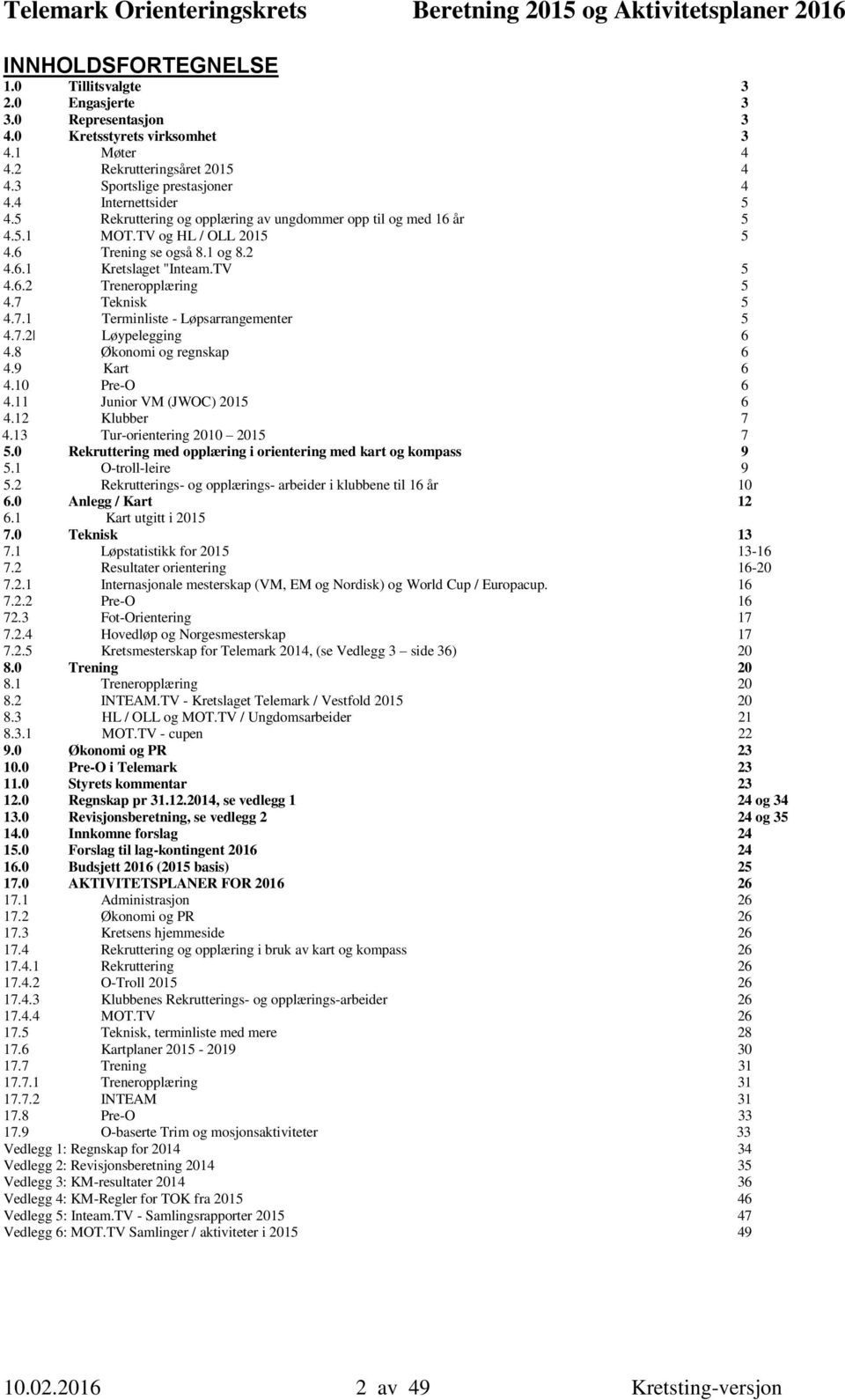 7 Teknisk 5 4.7.1 Terminliste - Løpsarrangementer 5 4.7.2 Løypelegging 6 4.8 Økonomi og regnskap 6 4.9 Kart 6 4.10 Pre-O 6 4.11 Junior VM (JWOC) 2015 6 4.12 Klubber 7 4.