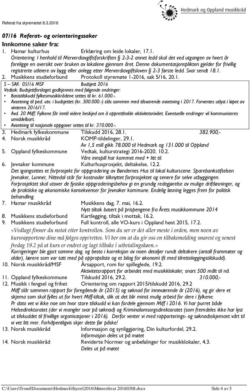 1. S SAK 05/16 MSF Budsjett 2016 Vedtak: Budsjettforslaget godkjennes med følgende endringer: Basistilskudd fylkesmusikkrådene settes til kr. 61.000.-. Avsetning til ped. utv. i budsjettet (kr. 300.