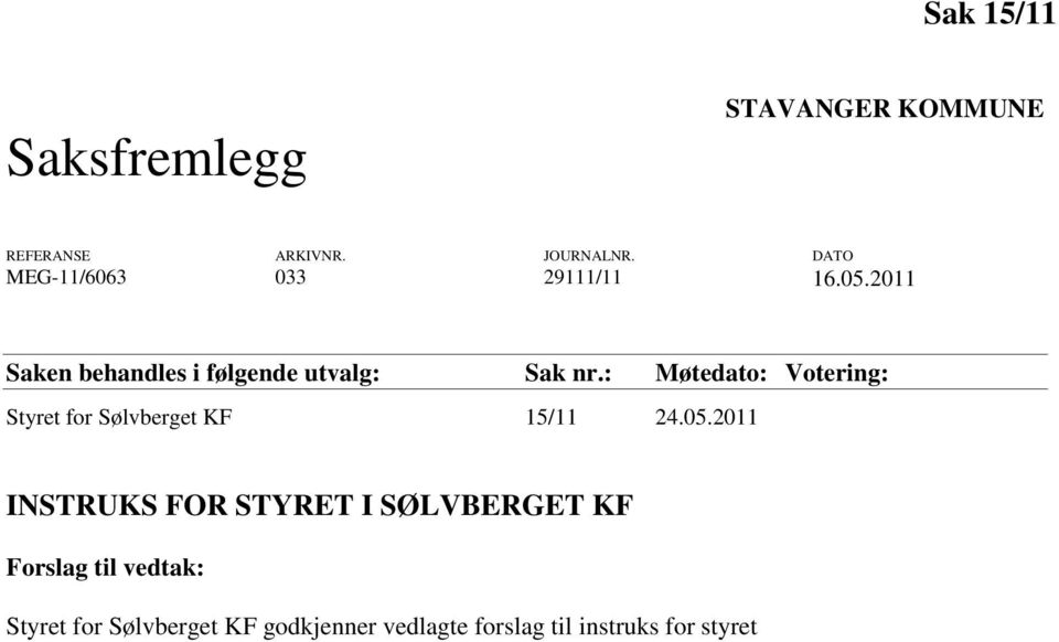 : Møtedato: Votering: Styret for Sølvberget KF 15/11 24.05.