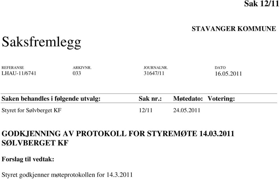 : Møtedato: Votering: Styret for Sølvberget KF 12/11 24.05.