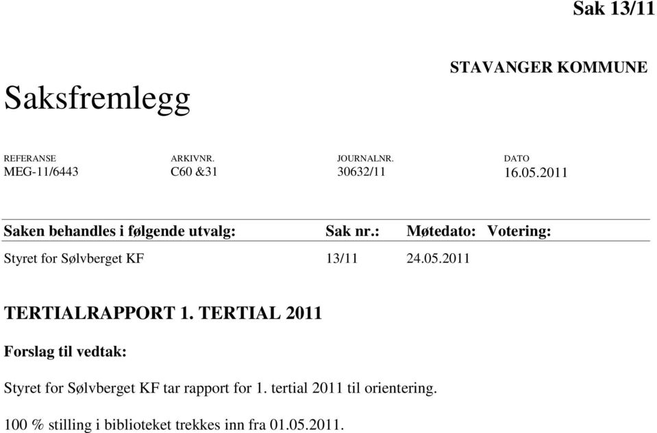 : Møtedato: Votering: Styret for Sølvberget KF 13/11 24.05.2011 TERTIALRAPPORT 1.